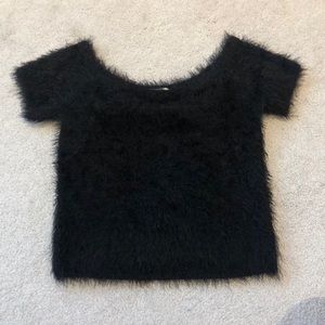 Black fuzzy top from Victoria + Sophia